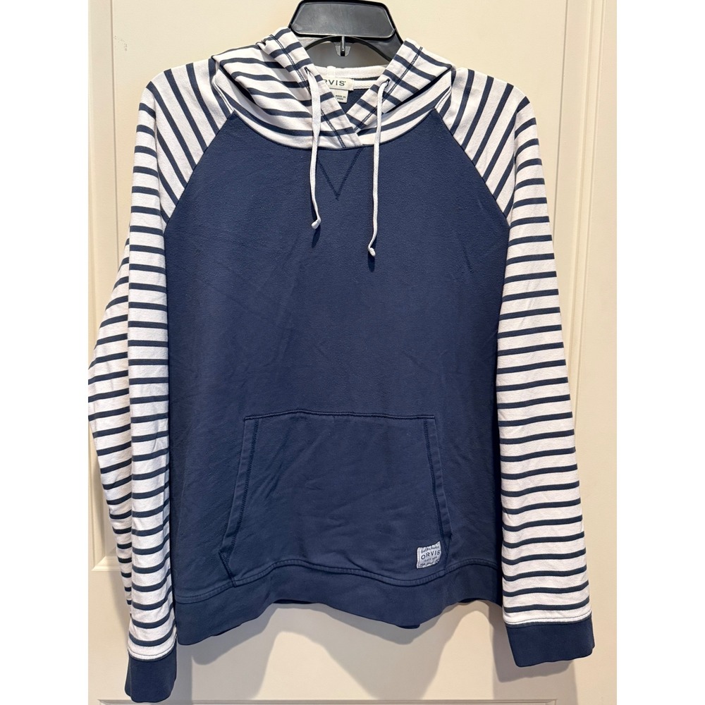 Orvis Womens XL Navy Blue Striped Raglan Pima Cotton Blend Pullover Hoodie